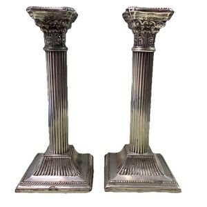 2‎ SILVER PLATED NEOCLASSICAL CORINTHIAN COLUMN CANDLE STICKS HOLDERS 8" TALL
